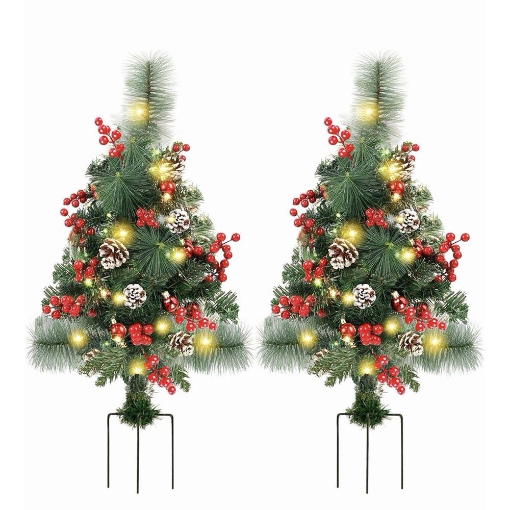2 Pack 2 Ft Pre-Lit Pathway Christmas Trees with Stake Battery Oper 60 LED Light